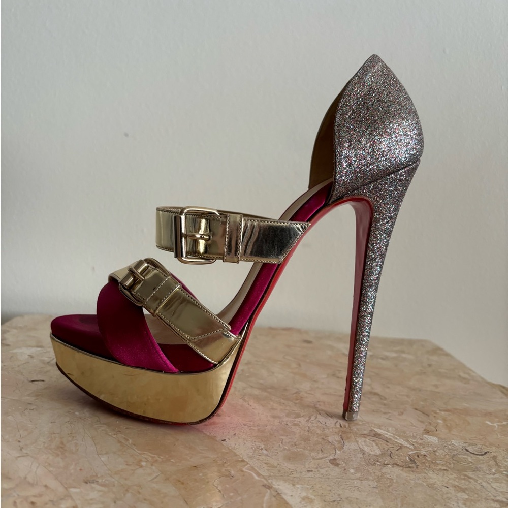 Christian Louboutin heels 38 peep toe 150 platform glitter satin leather